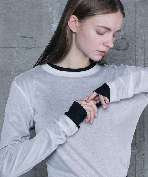 le ELMi（ルエルミ）の「Neck design sheer long tee / ダブルリブデザイン シアーロングTシャツ（Tシャツ/カットソー・レディース・チャコールグレー/ライトイエロー/オフホワイト/ブラック・FREE）」の14枚目の写真