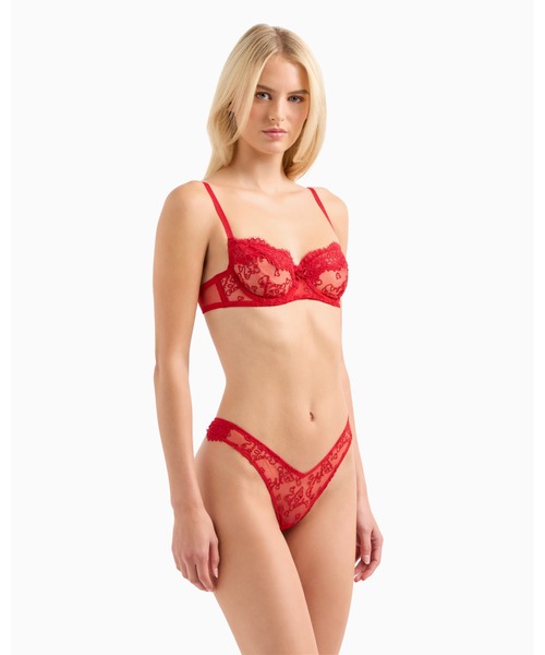 【セール】【エンポリオ アルマーニ】Tバックショーツ メッシュ素材 ホリデーロゴ総刺繍（ショーツ）｜EMPORIO ARMANI（エンポリオアルマーニ）