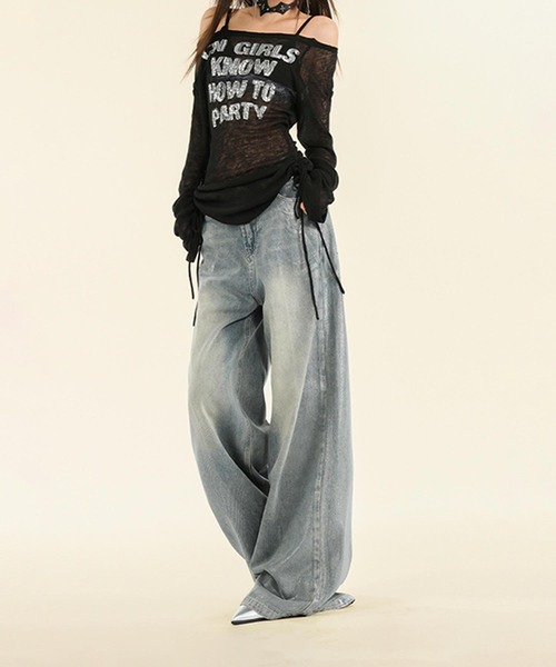 ヴィンテージウォッシュ ワイドデニムパンツ（デニムパンツ）｜aimoha（アイモハ）