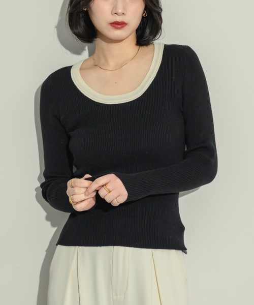 NEUNA(ヌナ)の「バイカラーニットトップス(ニット/セーター・レディース・ブラック/ベージュ・FREE)」の1枚目の写真