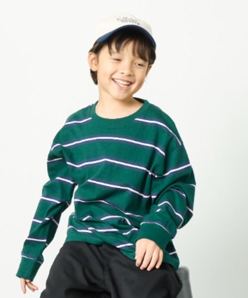 Auntie Rosa Holiday（アンティローザホリデー）の「オーバーサイズボーダーロンTEE（Tシャツ/カットソー・キッズ・ネイビー/ブラック/オフホワイト/チャコールグレー/ダークグリーン・130/140/150/160）」の7枚目の写真