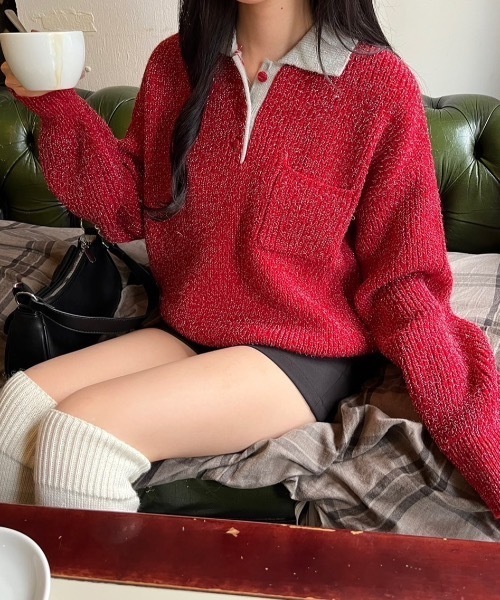nemne store(ネンネストア)の「【keel】ラメニットポロ襟配色(ニット/セーター・レディース・レッド系/ネイビー・MEDIUM/SMALL)」の1枚目の写真
