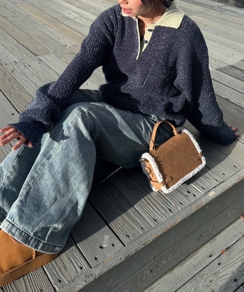 nemne store(ネンネストア)の「【keel】ラメニットポロ襟配色(ニット/セーター・レディース・レッド系/ネイビー・MEDIUM/SMALL)」の2枚目の写真