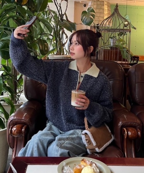 nemne store(ネンネストア)の「【keel】ラメニットポロ襟配色(ニット/セーター・レディース・レッド系/ネイビー・MEDIUM/SMALL)」の6枚目の写真
