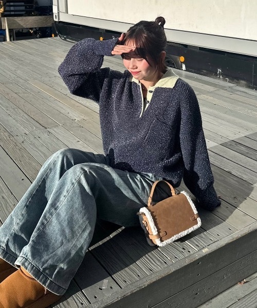 nemne store(ネンネストア)の「【keel】ラメニットポロ襟配色(ニット/セーター・レディース・レッド系/ネイビー・MEDIUM/SMALL)」の3枚目の写真