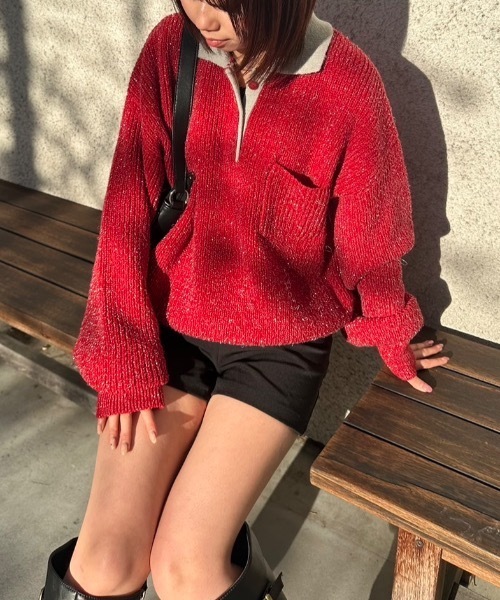 nemne store(ネンネストア)の「【keel】ラメニットポロ襟配色(ニット/セーター・レディース・レッド系/ネイビー・MEDIUM/SMALL)」の7枚目の写真