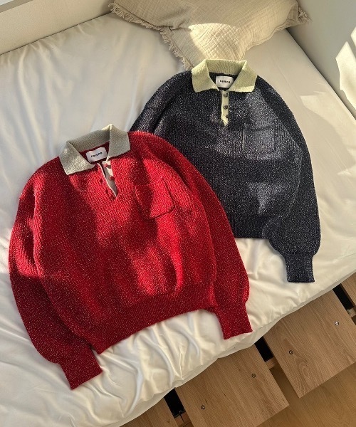 nemne store(ネンネストア)の「【keel】ラメニットポロ襟配色(ニット/セーター・レディース・レッド系/ネイビー・MEDIUM/SMALL)」の14枚目の写真