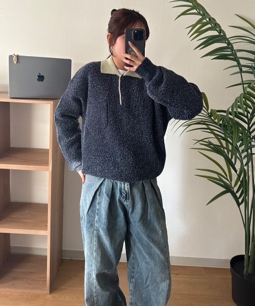 nemne store(ネンネストア)の「【keel】ラメニットポロ襟配色(ニット/セーター・レディース・レッド系/ネイビー・MEDIUM/SMALL)」の4枚目の写真