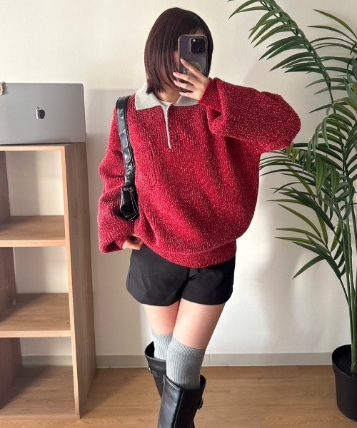 nemne store(ネンネストア)の「【keel】ラメニットポロ襟配色(ニット/セーター・レディース・レッド系/ネイビー・MEDIUM/SMALL)」の10枚目の写真