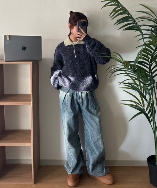 nemne store(ネンネストア)の「【keel】ラメニットポロ襟配色(ニット/セーター・レディース・レッド系/ネイビー・MEDIUM/SMALL)」の5枚目の写真