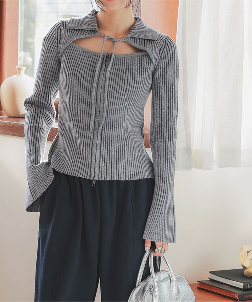 KOBE LETTUCE(コウベレタス)の「リボンダブルジップニットトップス(ニット/セーター・レディース・ネイビー/グレー/アイボリー系・M)」の5枚目の写真