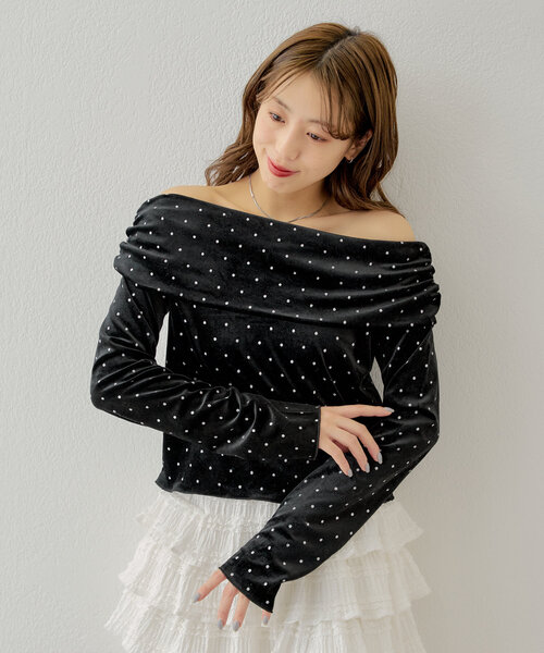 tシャツ ライトベロアオフショルトップス レディース BAB tシャツ 前後2WAYレイヤードオフショル風カットトップス