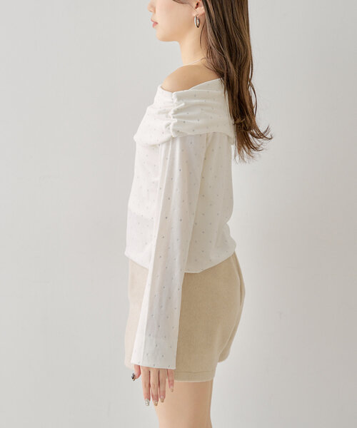 tシャツ ライトベロアオフショルトップス レディース BAB tシャツ 前後2WAYレイヤードオフショル風カットトップス