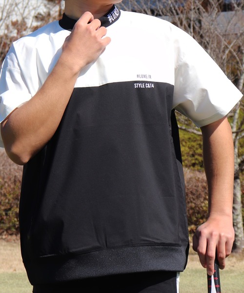 LUXE/R GOLF(ラグジュ ゴルフ)の「(RM)【LUXE/R GOLF】ストレッチ クロス バイカラー プルオーバー 半袖 シャツ(Tシャツ/カットソー・メンズ・ブラック×ブラック/ブラック×ホワイト/ブラック×グレー/カーキ系・M/L/XL)」の3枚目の写真