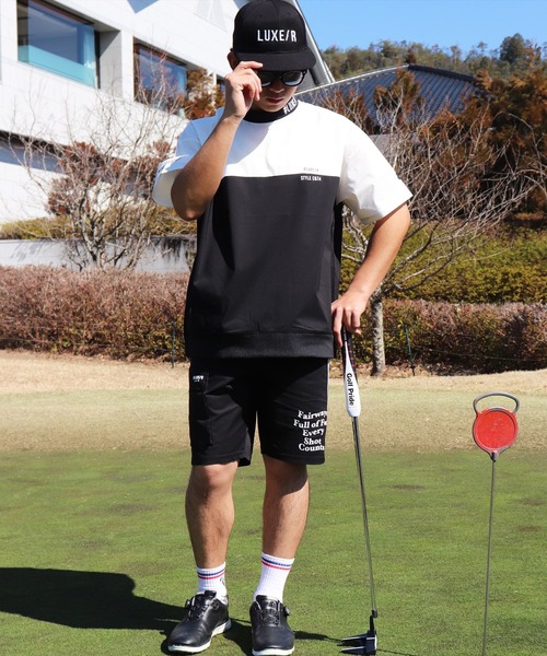 LUXE/R GOLF(ラグジュ ゴルフ)の「(RM)【LUXE/R GOLF】ストレッチ クロス バイカラー プルオーバー 半袖 シャツ(Tシャツ/カットソー・メンズ・ブラック×ブラック/ブラック×ホワイト/ブラック×グレー/カーキ系・M/L/XL)」の5枚目の写真