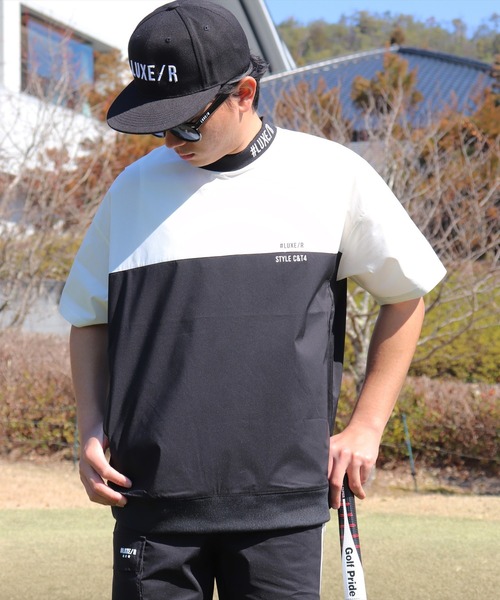 LUXE/R GOLF(ラグジュ ゴルフ)の「(RM)【LUXE/R GOLF】ストレッチ クロス バイカラー プルオーバー 半袖 シャツ(Tシャツ/カットソー・メンズ・ブラック×ブラック/ブラック×ホワイト/ブラック×グレー/カーキ系・M/L/XL)」の6枚目の写真