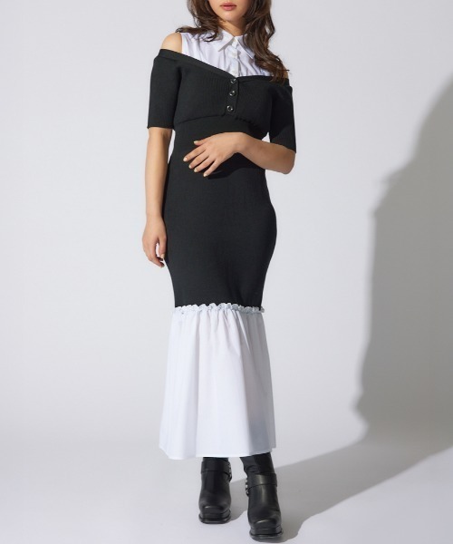 rienda(リエンダ)の「シャツレイヤードコンビマーメイドニットワンピース 半袖 夏服 サマーニット(ワンピース・レディース・ブラック/ベージュ/ピンク系その他・FREE)」の2枚目の写真