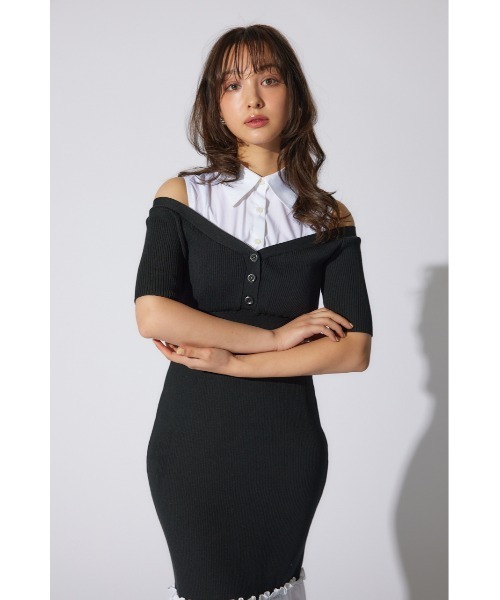 rienda(リエンダ)の「シャツレイヤードコンビマーメイドニットワンピース 半袖 夏服 サマーニット(ワンピース・レディース・ブラック/ベージュ/ピンク系その他・FREE)」の9枚目の写真