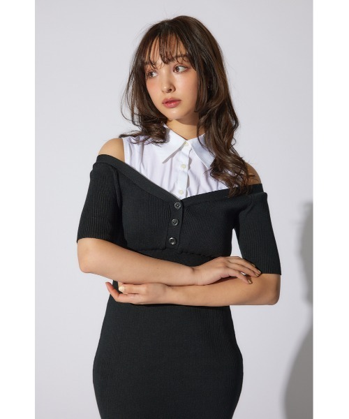 rienda(リエンダ)の「シャツレイヤードコンビマーメイドニットワンピース 半袖 夏服 サマーニット(ワンピース・レディース・ブラック/ベージュ/ピンク系その他・FREE)」の8枚目の写真