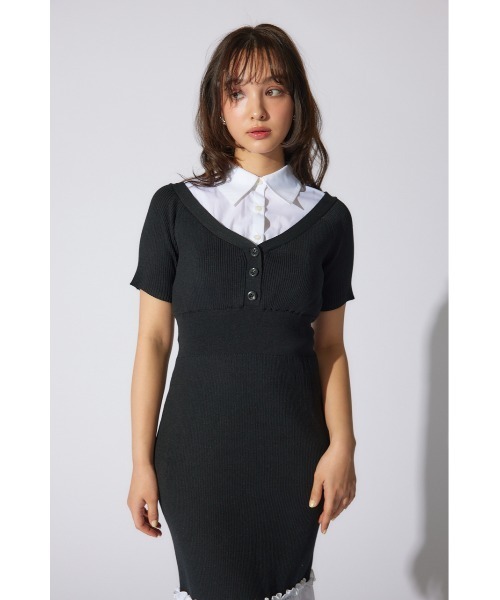 rienda(リエンダ)の「シャツレイヤードコンビマーメイドニットワンピース 半袖 夏服 サマーニット(ワンピース・レディース・ブラック/ベージュ/ピンク系その他・FREE)」の7枚目の写真