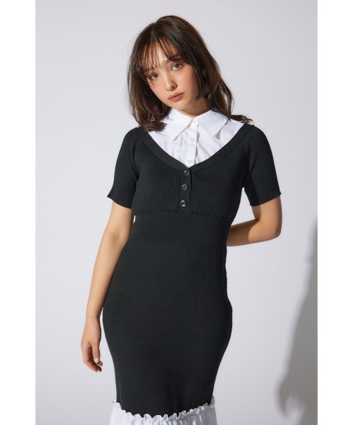 rienda(リエンダ)の「シャツレイヤードコンビマーメイドニットワンピース 半袖 夏服 サマーニット(ワンピース・レディース・ブラック/ベージュ/ピンク系その他・FREE)」の6枚目の写真