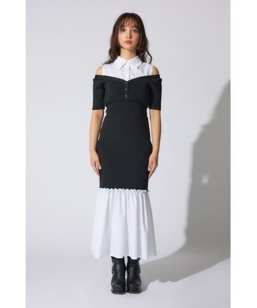 rienda(リエンダ)の「シャツレイヤードコンビマーメイドニットワンピース 半袖 夏服 サマーニット(ワンピース・レディース・ブラック/ベージュ/ピンク系その他・FREE)」の5枚目の写真