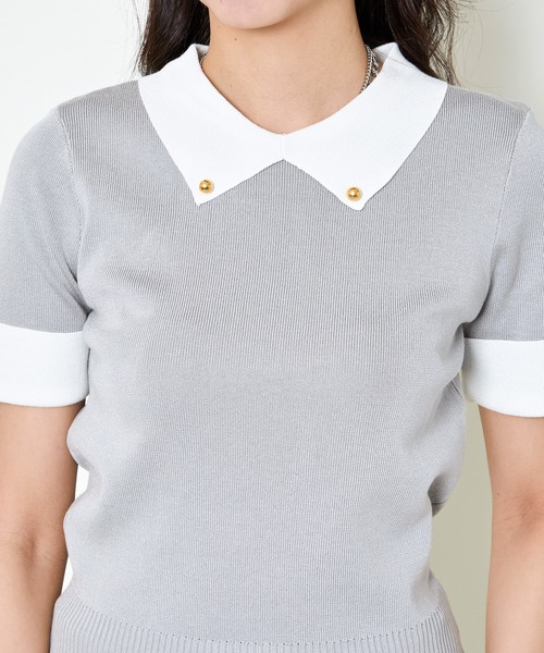 SUARE】ウォッシャブル ケーブル 半袖 ニット[COLLAR/NO COLLAR] セール】エリ配色半袖ニットプルオーバー（ニット/セーター