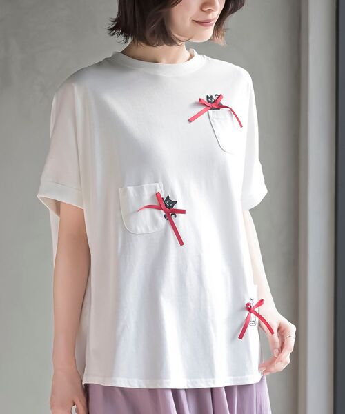 rps(アールピーエス)の「リボンキャットワイドT(Tシャツ/カットソー・レディース・オフホワイト/オートミール・フリー)」の2枚目の写真