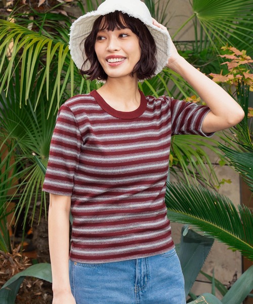 anap mimpi(アナップミンピ)の「ボーダーフライスコンパクト半袖Tシャツ(Tシャツ/カットソー・レディース・ブラック/ブラウン・FREE)」の1枚目の写真