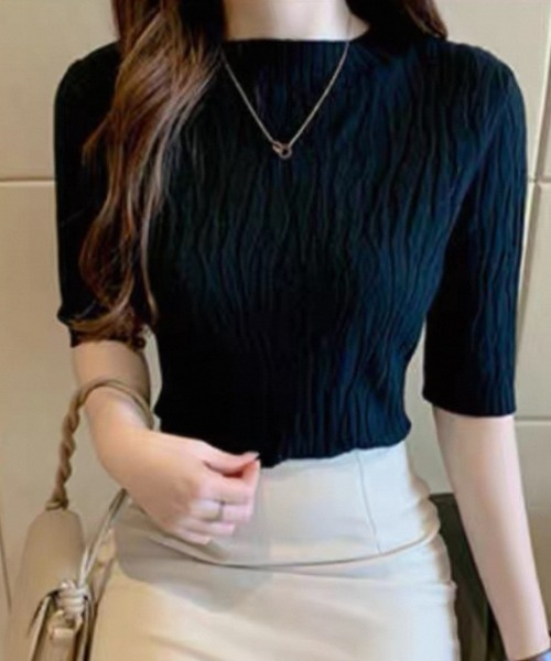Beststore(ベストストア)の「ニットソー半袖 トップス レディース(ニット/セーター・レディース・ベージュ/ホワイト/ブラウン/ブラック/ライトピンク/ライトベージュ/ブルー・FREE)」の1枚目の写真