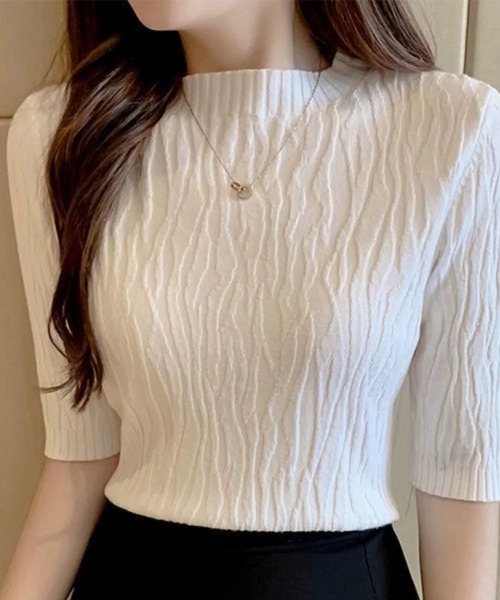 Beststore(ベストストア)の「ニットソー半袖 トップス レディース(ニット/セーター・レディース・ベージュ/ホワイト/ブラウン/ブラック/ライトピンク/ライトベージュ/ブルー・FREE)」の9枚目の写真