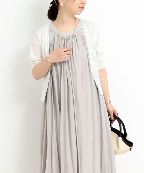 NOLLEY'S LIGHT（ノーリーズライト）の「麻風半袖Vネックカーディガン（ニット/セーター・レディース・オフホワイト/チャコールグレー/グレイッシュベージュ・38）」の7枚目の写真