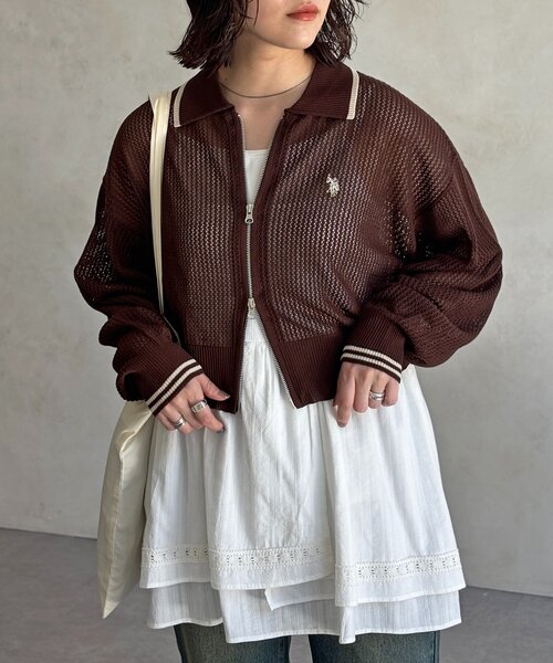 セール】【U.S. POLO ASSN.】襟付きメッシュカーディガン