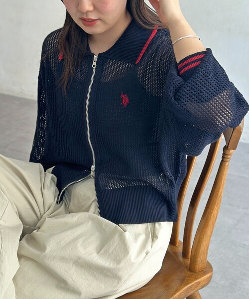 CPCM 【U.S. POLO ASSN.】襟付きメッシュカーディガン U.S. POLO ASSN. カーディガン 「U.S. ASSN.」襟付きメッシュ
