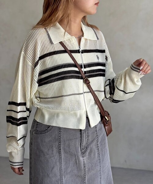 U.S. POLO ASSN.（ユーエスポロアッスン）の「【U.S. POLO ASSN.】襟付きメッシュカーディガン（カーディガン/ボレロ・レディース・ネイビー/オフホワイト/グリーン/ホワイト系その他/ブラウン/ブルー・FREE）」の9枚目の写真