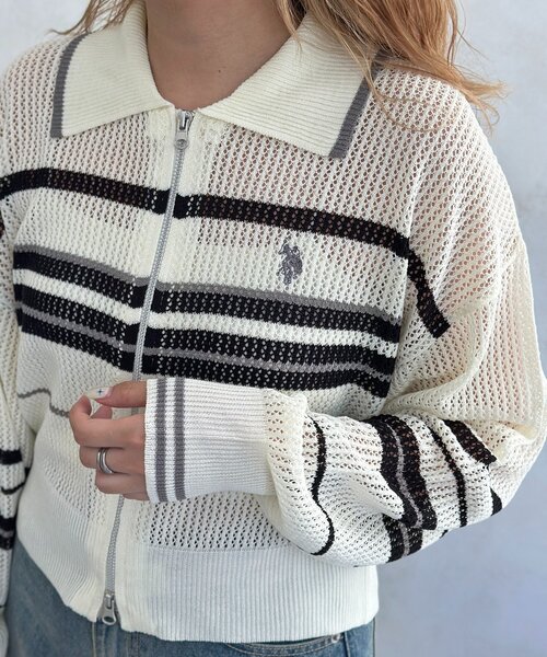 U.S. POLO ASSN.】襟付きメッシュカーディガン（カーディガン