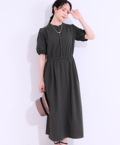 DRESKIP（ドレスキップ）の「【洗える/S-LL/ひんやり/UV】女性らしさ漂う サッカーワンピース（ワンピース・レディース・ブルー系その他/ダークブラウン/チャコールグレー・01/02/03/04）」の2枚目の写真