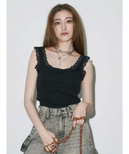 EVRIS（エヴリス）の「レースドッキングリブタンクトップ（タンクトップ・レディース・ブラック/ホワイト/ブラウン/ピンク・FREE）」の3枚目の写真