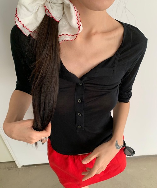LONSLAN（ロンスラン）の「【LONSLAN】ハーフスリーブヘンリーネックトップス LONW25a003（Tシャツ/カットソー・レディース・ホワイト/ブラック・M）」の2枚目の写真