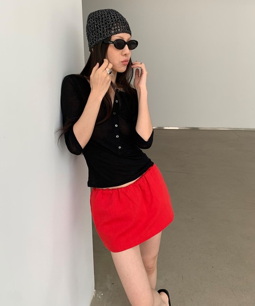 LONSLAN（ロンスラン）の「【LONSLAN】ハーフスリーブヘンリーネックトップス LONW25a003（Tシャツ/カットソー・レディース・ホワイト/ブラック・M）」の14枚目の写真