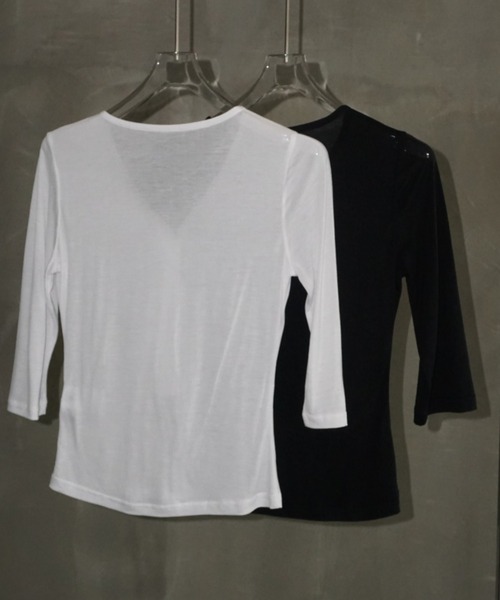 LONSLAN（ロンスラン）の「【LONSLAN】ハーフスリーブヘンリーネックトップス LONW25a003（Tシャツ/カットソー・レディース・ホワイト/ブラック・M）」の22枚目の写真