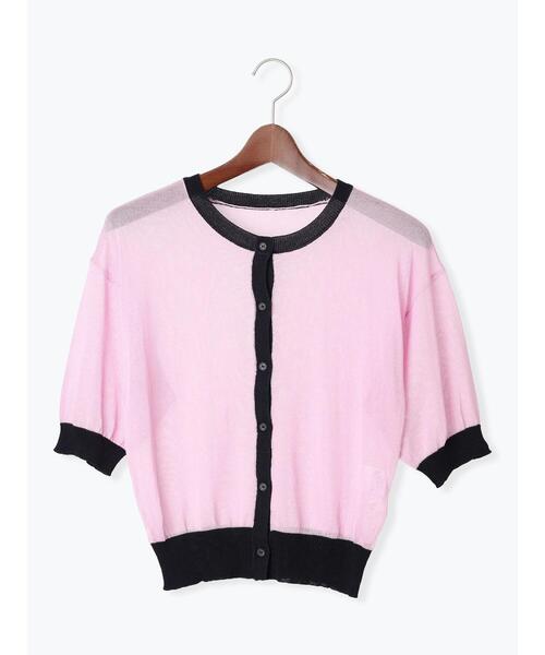 セール】バイカラーシアー5分袖カーディガン（カーディガン