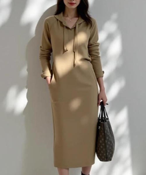cammie(キャミー)の「サイドポケットフーディーワンピース(ワンピース・レディース・ベージュ/ブラック・L/M)」の10枚目の写真