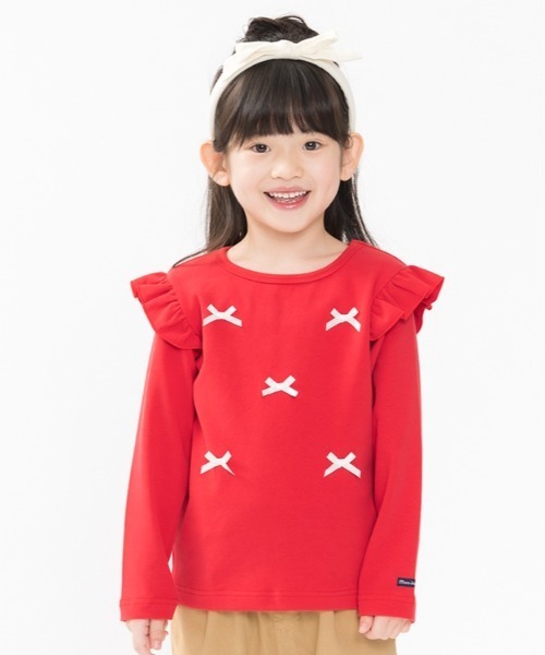 Moujonjon(ムージョンジョン)の「25MJフライスリボンツキT(Tシャツ/カットソー・キッズ・レッド/グレー・80/90/100/110/120/130/140)」の1枚目の写真