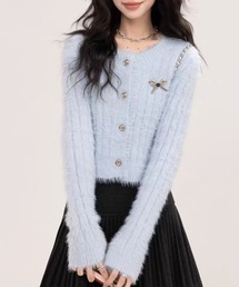 リボン ブローチ付き シャギー リブ ニット カーディガン