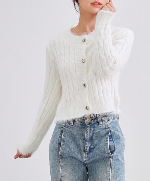 Lace Ladies(レースレディース)の「リボン ブローチ付き シャギー リブ ニット カーディガン(カーディガン/ボレロ・レディース・アイボリー/ブルー/ブラック・FREE)」の14枚目の写真
