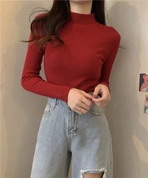 長袖ハイネックニット リブニット 丸首