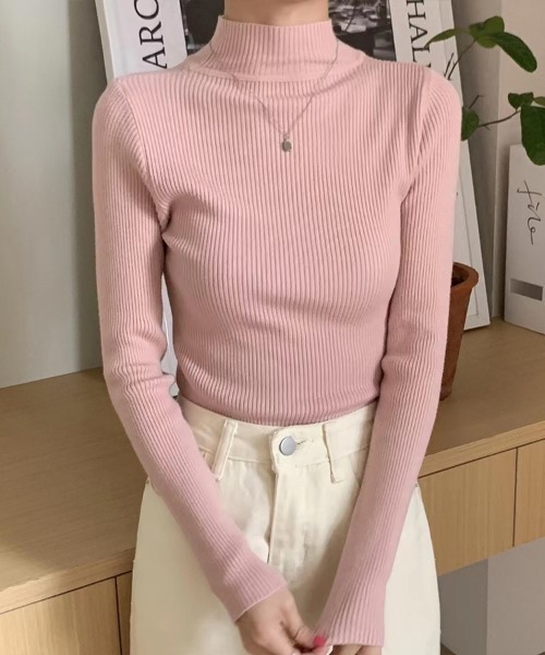Beststore(ベストストア)の「長袖ハイネックニット リブニット 丸首(ニット/セーター・レディース・ベージュ/イエロー/ホワイト/ブラウン/グリーン/レッド/ピンク/グレー/ブラック/ライトベージュ/ブルー・FREE)」の10枚目の写真