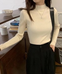 長袖ハイネックニット　リブニット　丸首
