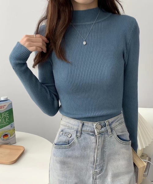 Beststore(ベストストア)の「長袖ハイネックニット リブニット 丸首(ニット/セーター・レディース・ベージュ/イエロー/ホワイト/ブラウン/グリーン/レッド/ピンク/グレー/ブラック/ライトベージュ/ブルー・FREE)」の8枚目の写真